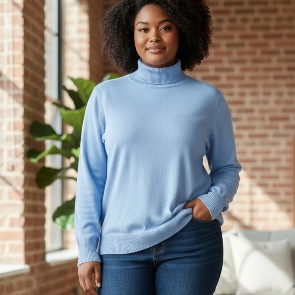Basic Editions Women's plus size 2X  Cotton Light Blue Turtleneck top
